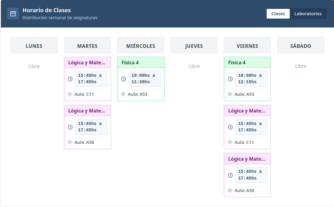 Vista del horario semanal en PoliPlanner